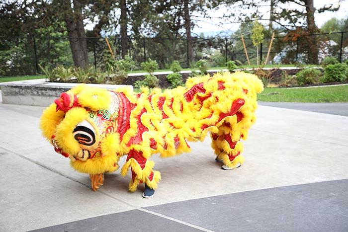 two people in a yellow lion dancer costume